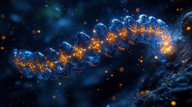 DNA strand being modified by nanobots, floating in a dark environment with bioluminescent highlights