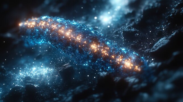 DNA strand being modified by nanobots, floating in a dark environment with bioluminescent highlights - Powered by Adobe
