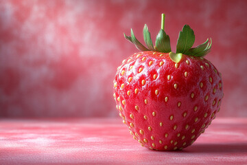 A single ripe strawberry rests on a pink surface