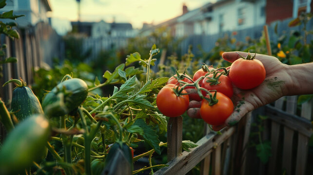 A neighbor shares surplus garden produce by passing fresh tomatoes, zucchinis, and herbs over the backyard fence, spreading a spirit of kindness and sustainability.