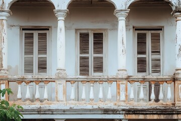 Obraz premium Weathered White Columns and Vintage Wooden Shutters on Old Building