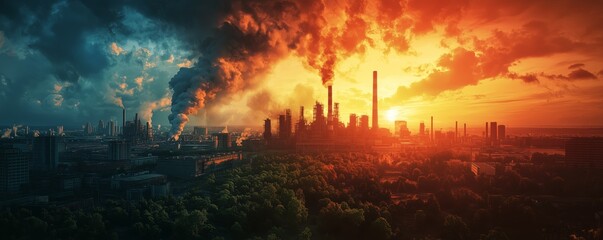 Fototapeta premium Industrial Cityscape at Sunset with Smoke and Pollution in the Sky