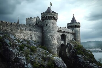 Ancient Stone Castle on a Cliff, Medieval Fortress Ruins
