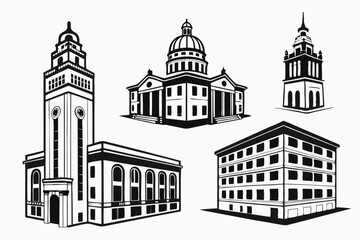 set of black and white building icon silhouette vector icon, isolated