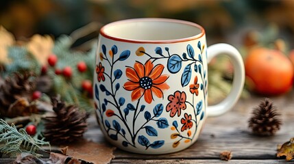 A close-up of a hand-painted ceramic mug with floral designs 