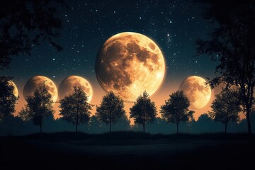 ethereal moon phases gracefully traversing a tranquil landscape with silhouetted trees framing the serene night sky creating a peaceful and mystical ambiance under the soft glow of the moonlight