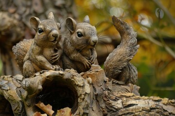 Obraz premium Two charming squirrel statues add a touch of whimsy to an autumnal scene, perched on a weathered log