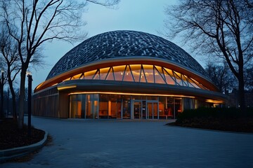 Obraz premium Modern Dome Building Exterior at Night, Illuminated Facade