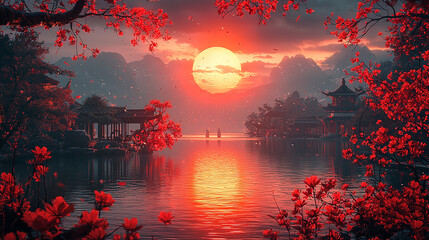 Glowing Circular Chinese Emblem with Floral Patterns and Golden Details