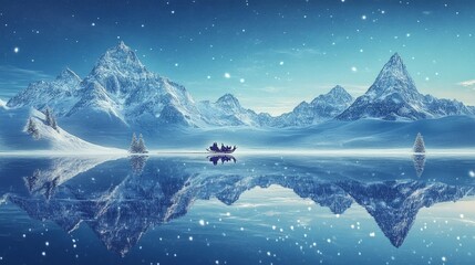 Santa's sleigh flying over snow-covered mountains, reflected in a shimmering lake 