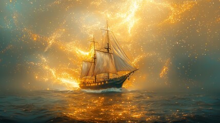 Obraz premium Majestic Ship Sailing Through a Cosmic Sea of Sparkling Light