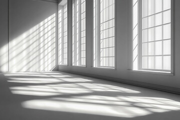 Sunlight streams through large windows illuminating a white room