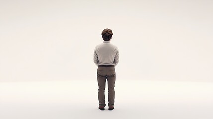 A man stands with his back to the viewer in a minimalist white setting. Ideal for website hero images, app onboarding screens, or presentations conveying simplicity and focus.