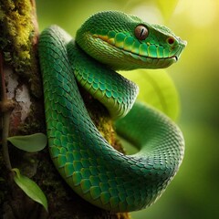 Fototapeta premium Green Snake on Tree Branch