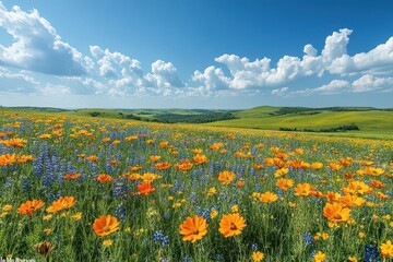 Obraz premium expansive landscape showcasing rolling hills and vibrant wildflowers under a brilliant blue sky reflecting the serenity and beauty of nature