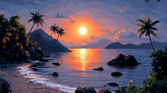 Pixelated seascape at sunset with vibrant colors and stylized palm trees. Evokes a sense of retro charm and pixel art aesthetics. Suitable for game development, graphic design, and pixel art projects