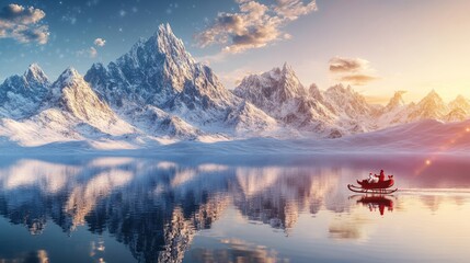 Fototapeta premium Santa's sleigh flying over snow-covered mountains, reflected in a shimmering lake 