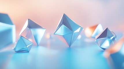 Metallic 3D geometric figures casting soft highlights on a light blue gradient