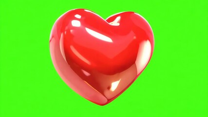 One Red big heart on green screen background. Beautiful love animation with chroma key. Valentine Day, love romantic fairy design. Animated Heart balloon flying. Motion graphics. Creative video