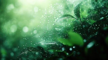 On a rainy day, water droplets create a peaceful, nature-inspired scene with blurred greenery outside a window.