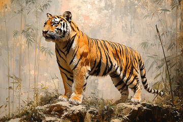 Obraz premium Majestic Tiger Stands Proudly Amongst Bamboo