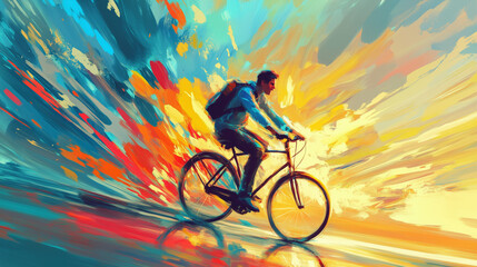 A young man riding a bicycle, surrounded by a vibrant, colorful energy in a digital art style.
