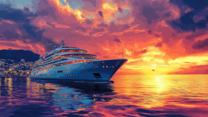 Fototapeta premium Luxury Cruise Ship Sailing to Port During a Beautiful Sunset