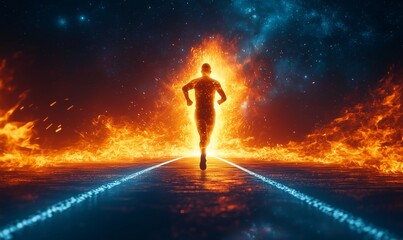 Fototapeta premium Runner in Flames Against Galactic Background with Dynamic Energy