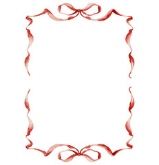 Watercolor red bows frame. Hand-drawn gift bow isolated on white background. Holiday illustration for design, print, fabric or background.