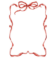 Watercolor red bows frame. Hand-drawn gift bow isolated on white background. Holiday illustration for design, print, fabric or background.