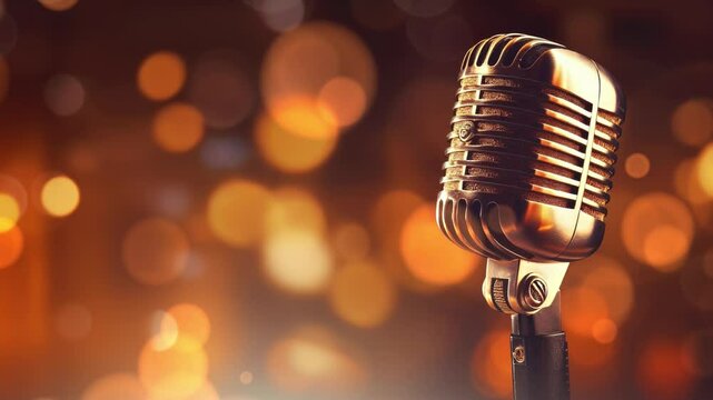 Classic vintage microphone against a warm, blurred backdrop. Perfect for music, entertainment, and retro themes. Ideal for posters, album covers, and event promotions