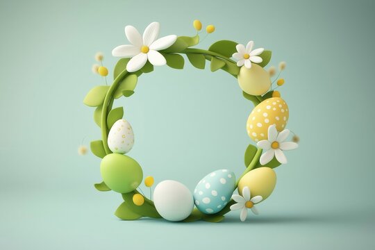 wreath with easter eggs and flowers on plain studio background, spring banner 