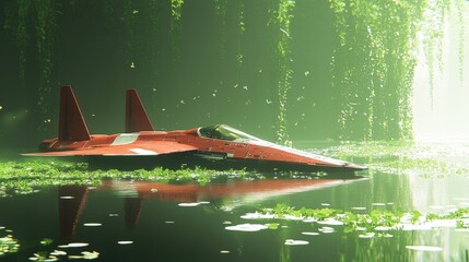 A red spacecraft rests in a tranquil green lagoon surrounded by hanging vines. Ideal for sci-fi book cover or video game environment.