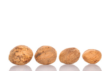 Several nutmegs, macro, isolated on white background.