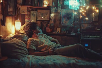 Fototapeta premium A serene bedroom scene exuding warmth and creativity in soft lighting.