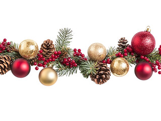 Christmas garland with red and gold baubles, berries, and pinecones on a white background. PNG transparent.