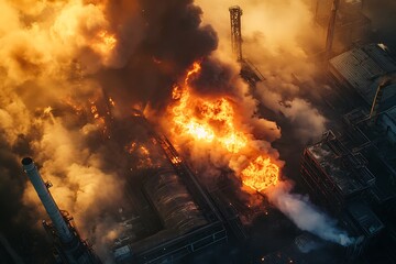 Obraz premium Burning industrial plant emitting huge clouds of smoke and fire