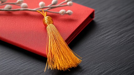 Macro shot of a red envelope with delicate golden tassels, intricate patterns glowing under soft light, festive detail.