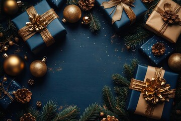 festive christmas background with a deep blue canvas adorned with gold baubles and carefully arranged gift boxes inviting a sense of celebration and joy in a flat lay style
