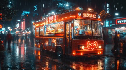 Neon Owl and Pop Art Ice Cream in Futuristic Tokyo Food Truck Scene, vibrant colors, urban atmosphere, playful design elements