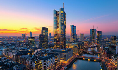 Obraz premium Sunset over Skyline of Modern City with River and Skyscrapers
