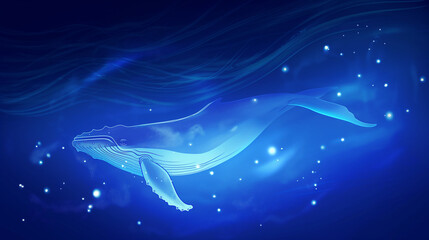 Humpback whale swimming among glowing plankton in deep blue sea