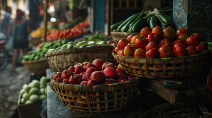 A market vendor in Honduras arranges fresh produce, including locally grown fruits and vegetables, in baskets for passersby who depend on these affordable items to feed their families daily.