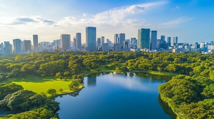 Fototapeta premium City skyline view with park, pond, trees, sky.