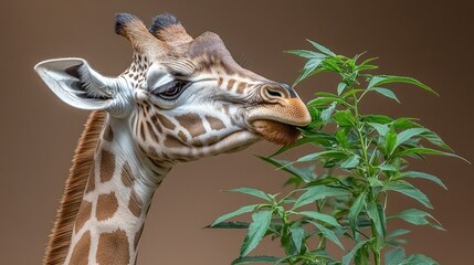Obraz premium Close-up of a young giraffe delicately nibbling on green leaves. Ideal for nature documentaries, educational materials, or zoo promotions.