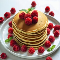 stack of pancakes with berries.Photography of Mille feuille closeup With Cream Filling Strawberries And Sugar Powdered On Top Gray Plate Closeup.