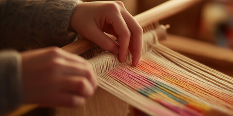 Hands intricately weave vibrant threads on a wooden loom indoors, highlighting the artistry and patience required in traditional textile craftsmanship and handmade goods.