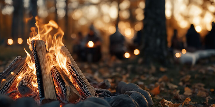 A warm campfire with vivid flames is the focal point against a blurred background where people gather, evoking feelings of community and natural coziness outdoors.