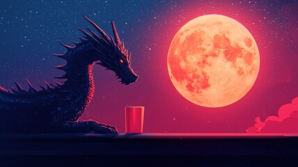 A surreal composition of a dragon circling a glowing full moon, set against a starry sky, fantasy art, vibrant colors.