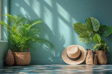 Obraz premium Sunlit Room Decor With Plants Hat And Baskets